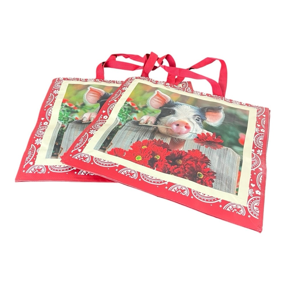 New Large 2 Goodwill Reusable Shopping Bag Piglet With Red Flowers Double Sided